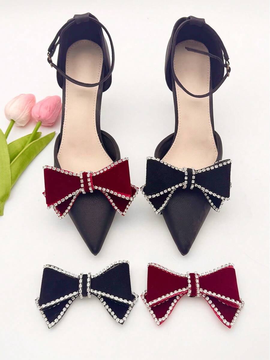 2pcs New Detachable Velvet Bow Rhinestones Shoes Decoration - Multicolor - View 1