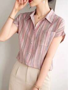 法国女士衬衫，夏季女士休闲短袖飘逸衬衫，时尚印花衬衫，优雅女士衬衫，适合购物、休闲旅行，独立日女士粉色上衣 - 粉色 - 查看 1