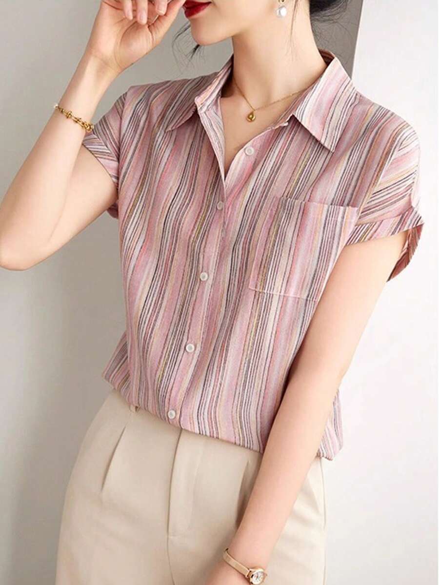 法国女士衬衫，夏季女士休闲短袖飘逸衬衫，时尚印花衬衫，优雅女士衬衫，适合购物、休闲旅行，独立日女士粉色上衣 - 粉色 - 查看 1