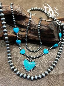 1 套复古西式仿珍珠串珠 3 层链项链，带粉色/红色/蓝色/白色心形吊坠，适合女士/女孩搭配日常/派对服装，可作为送给家人/朋友/自己的珠宝礼物 - 波希米亞風 - 查看 2