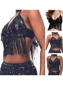 Costume da ballo del ventre con frange e paillettes, costume da cantante con schiena scoperta adatto per discoteca e bar