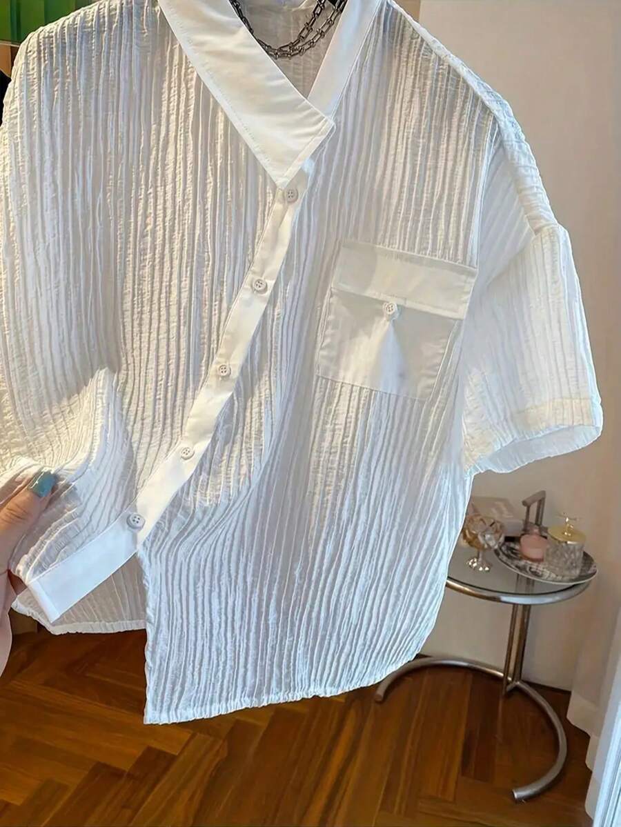 女士纯色休闲单排扣不对称短袖衬衫 白色 夏季 - 白色 - 查看 1
