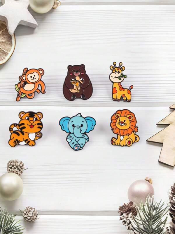 6pcs Cartoon Animal Lion, Elephant, Tiger Brooch Anti-Slip Pins, Backpack Decoration Accessories Office Accessories Shirts Jacket Jewelry Christmas Halloween