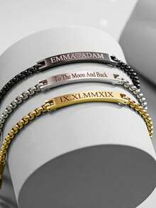 Customized Men's Engraved Stainless Steel Bracelet, 19+5cm Personalized Name Bracelet, Boyfriend Unique Name Gift, Customized Couple Name Bracelet, Unisex Laser Engraved Name Bracelet, Curved Beads Chain Bracelet, Father's Day Personalized Name Gift, Dad Bracelet - Black - View 6