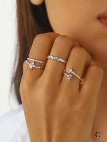 3pcs Minimalist Geometric Heart Shape Zirconia Rings, Everyday & Party Gift For Women - Silver - View 3