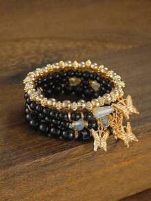 4条装女孩波西米亚创意手链 女孩饰品 蝴蝶水晶多层串珠时尚手链