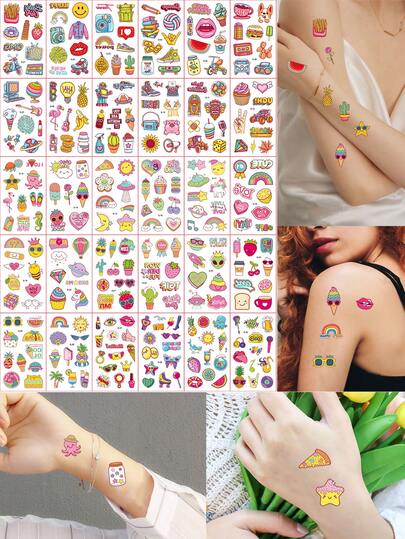 30 hojas de tatuajes temporales de dibujos animados para niños, con motivos de patatas fritas, postres, donas, frutas, fresas y otros diseños adorables. Tatuajes aptos para mano, cara y decoración corporal, ideales para fiestas de cumpleaños y vacaciones.