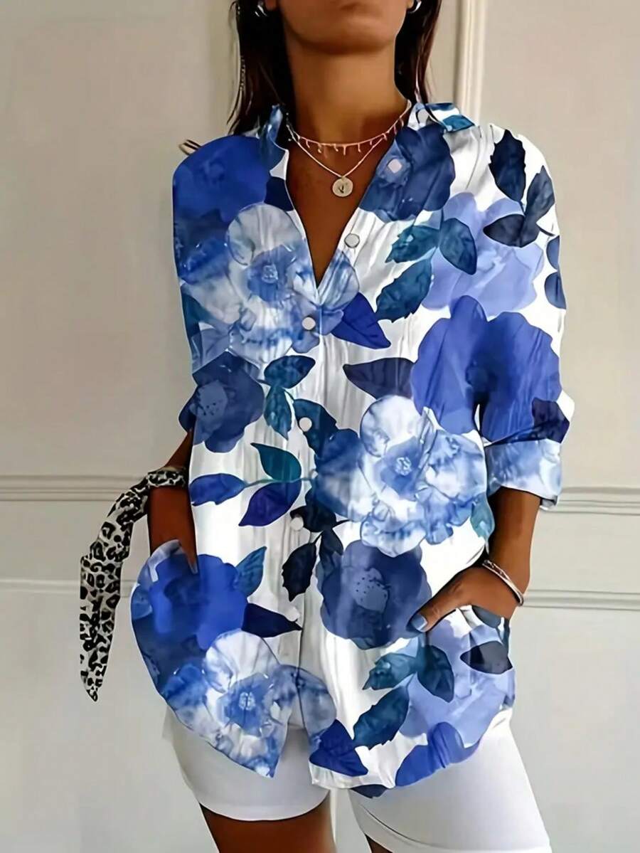 2025 Spring/Autumn New European & American Fashion Print Lapel Button-Up Long Sleeve Blouse, Elegant Women Shirts - Blue - View 1