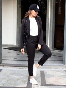 Women's Long Tailored Blazer Long Sleeve Fake Pockets Without Buttons - Hitam - View 6