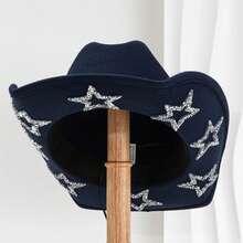 Sombrero de vaquera de ala ancha con estrellas de diamantes de imitación para hombre y mujer, ideal para bodas, carnavales, fiestas, viajes, accesorios de disfraz. - Azul marino - Ver 2