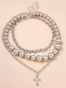 3pcs/Set Punk Style Chain & Bead Cross Pendant Necklace Set For Women, Daily Wear - Silver - View 8