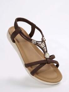 Women Comfortable Flat Braid Beaded Round Toe Solid Color Slingback Strap Sandals - Brown - View 10