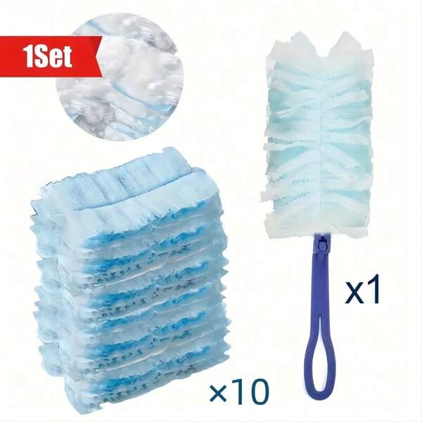 Multi-Purpose Handheld Dusting Brush 1 Set With 10 Disposable Pads - Interior & Exterior Cleaning Tool For Furniture, Car, Keyboard - Home Dust Removal Supplies & Gadgets
