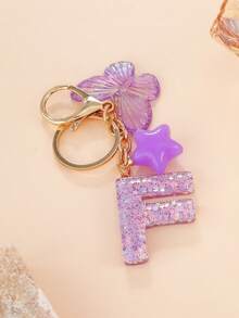 1 Pc Creative Key Chain With Letter Stone Resin Pendant, Butterfly Tassel Letter Keychain For Girl - Purple - View 7