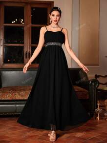 Kexmon Elegant V-Neck Rhinestone Embellishment Chiffon Two-Piece Elegant Arabic Style Long Dress