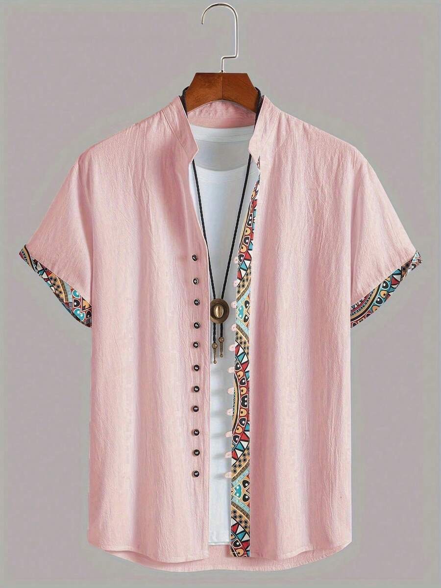 Men's Geometric Print Short Sleeve Single-Breasted Casual Shirt - Pink - View 1
