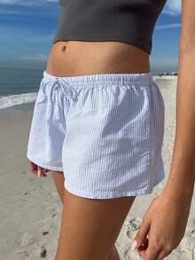 Women's Summer Stripe Print Tether Minimalist Everyday Shorts - Blue - View 8