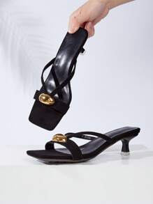 Women's New Fashionable Elegant Metal Decor Open Toe High Heel Square Toe Thong Sandals Casual Mule Slides Outdoor Sandals