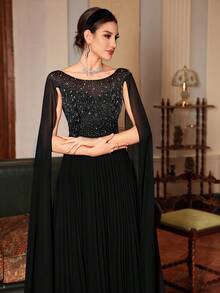 优雅手工长款派对舞会礼服，女士正式晚礼服，婚礼宾客礼服 - 黑色 - 查看 3