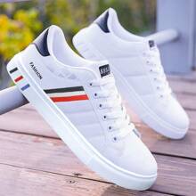 Men Stripe Design Lace-Up Skate Shoes - Wear-Resistant PU Leather Uppers, Breathable Fabric Inner, Cloth Insole, Non-Slip PVC Sole, Round Toe Cap, Perfect For Outdoor Casual Wear In Fall, Spring, Summer, Winter