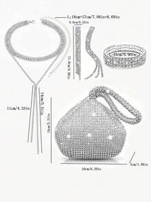 4pcs Women Fashion Versatile Shiny Elegant Crystal Decor Handbag, Clutch, Long Tassel Earrings, Bracelet & Necklace Set