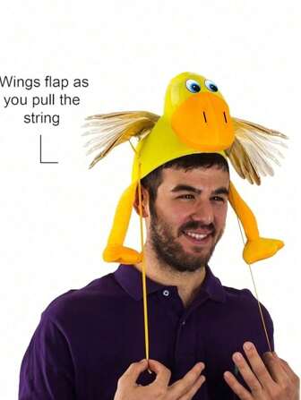 1 件鸭子帽 - 吞咽鸭子帽 - 新奇帽子 - 农场动物帽 - 服装配饰（黄色） - 农场动物鸭子服装帽 - 新奇、励志、农场动物帽 - 拉绳时翻转翅膀套装 - 飞鸭万圣节服装，适合角色扮演、主派对、舞台表演、啦啦队服装、装扮道具、配饰、家庭装扮派对，适合男士、女士、男孩、女孩（2 种款式随机发货）