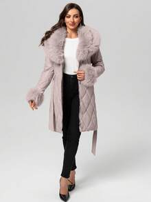 Chaqueta acolchada para mujer Risissida para exteriores con cuello de piel sintética, cinturón con ribete - Abrigo acolchado minimalista largo para otoño e invierno