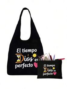 印花帆布手提袋，配黑色收纳袋，印有“El-Tiempo Dios Es Perfecto”字样、彩色太阳和爱心图案，便携休闲收纳手提包，简约旅行收纳袋，大容量旅行化妆包，旅行包 - 黑色 - 查看 9