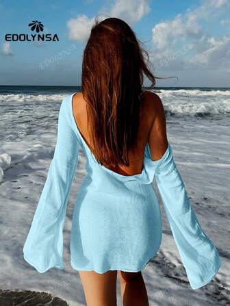 Sexy Backless Bell Sleeve Summer Seaside Women's Solid Knit Beach Mini Dress 2025 See-Through Short Dress Swimwear Cover Up