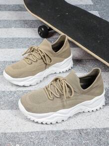 Lightweight & Breathable Khaki Casual Sneakers,Unisex Wide Fit Knitted Fabric, Comfortable Slip-On,Suitable For Spring/Summer, Casual Wear, Gifts, Travel, Outdoor Running