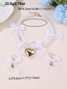 3pcs/Set Girls Lace Bow Heart Faux Pearl Beaded Necklace & Earrings Jewelry Set - Multicolor - View 7