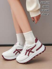 Women Leather Round Toe Lace-Up Platform Casual Sport Sneakers, Rubber Sole Waterproof Non-Slip Durable Lightweight Running Shoes, Versatile Daily Wear Casual Shoes For Spring Autumn