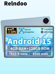 Relndoo Android 15 Tablet, 2025 NEW 11 Inch, T615 Octa-Core 2.0GHZ, (4GB+20GB)RAM+128GB ROM, 5MP+13MP Dual Camera, 8000mAh High-Capacity Battery, Type-C, 802.11ac/B/G/N Wifi5 2.4g+5g, 1280*800px HD IPS Touch Screen, Supports 1TB SD Expansion, GPS Certified Tablet PC (No Adapter)-Blue Tablet