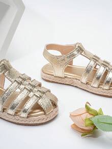 1 Pair Classic Gold Girls Shoes, Braided Design, Versatile & Fashionable, Cute Baby Sandals, Princess Style Toddler Shoes, Children Round Toe Soft Bottom Shoes, Suitable For Spring, Summer, Autumn - Gold - View 4