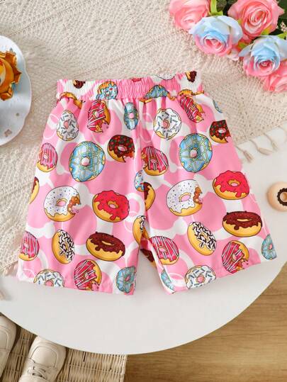 Tween Boys Swim Trunks With A Cartoon Donut Pattern, Elastic Waistband Beach Shorts, Children's Swimwear For Summer Vacations. Summer Shorts For Boys, Beach Pants, With A Cartoon Donut Print, In A Casual Vacation Style. Suitable For Boys Aged 8 To 12. Beach Pants For Seaside Vacations.
