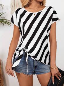 Franclia Casual Summer Holiday Striped Knot Round Neck Sleeveless Bow Hem Open Slit Women Shirt