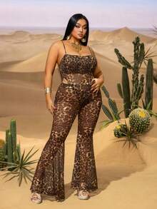 Plus Chic Leopard Print Cami Romper & Flared Pants Set – Summer Outfit For Street Style, Poolside Evenings & Stylish Urban Outings - Brown - View 3