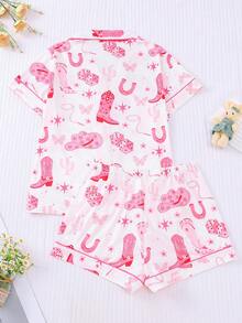 Marira 2pcs Western Pattern Printed Sleepwear Set For Women, Short Sleeve Shirt Collar Button-Up Top And Elastic Waist Loose Shorts, Elegant And Fashionable Outfit For Festivals, Parties, Casual Indoor/Outdoor Wear - White - View 2