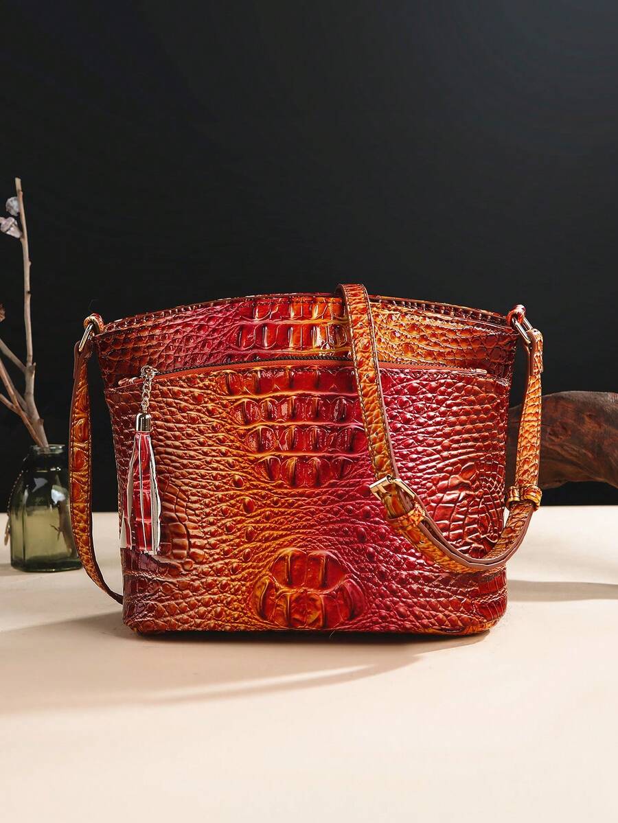 Classic Crocodile Pattern Gradient Crossbody Bag - PU Leather Textured Purse - Versatile Fashion Shoulder Bag With Adjustable Strap And Tassel For Women - 3#Cam+Đỏ - Xem 1