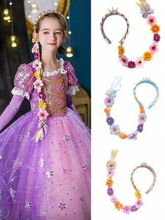 灵感来自冰雪女王冰雪公主女孩发型 - 编织发冠头带长合成方形辫子和花朵装饰，儿童万圣节服装配饰，角色扮演派对发饰