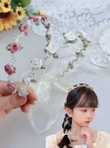 Rose Flower Headband, Scarf Ribbon Hair Tie, Summer Flowing Hair Hoop, Girls Daily Headwear Ponytail Hair Accessory