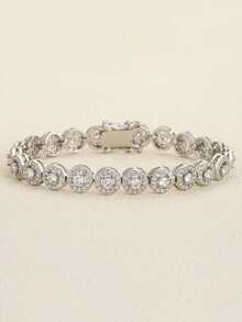 1pc Men's Silver Color Copper Cubic Zirconia 6.9 Inch Bracelet
