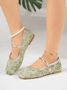 Women's Flat Shoes, 2025 Summer New Square Toe Open-Toe Velvet Lace Rose Foot Strap Hook & Loop Flat Shoes, Green Loafers, Mary Janes, Ballet Flats, Suitable For Everyday Wear With Dresses, Fashion Flats, Plus Size