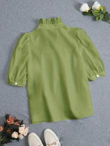 2025春夏秋季时尚新款衬衫，法式女衬衫，泡泡袖，返校，美式衬衫，时尚，教师，70年代，通勤，极简主义，办公室着装，复古，简单，法式，春夏上衣老款风格，教师衬衫，女士休闲短袖纯色衬衫，适合外穿 - 綠色 - 查看 2