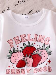 Set de 2 piezas de camiseta de manga corta con estampado de fresa y shorts vaqueros con bolsillo doble con bordado de fresa para niñas jóvenes - Blanco - Ver 5