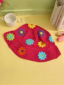 1pc Women's Cute Y2K Style Knitted Bucket Hat, Handmade Crochet Floral Pattern Hollow Decor Colorful Flower Patchwork, Sun Protection Outdoor Photography Fashion Daily Wear - Flowers - View 5