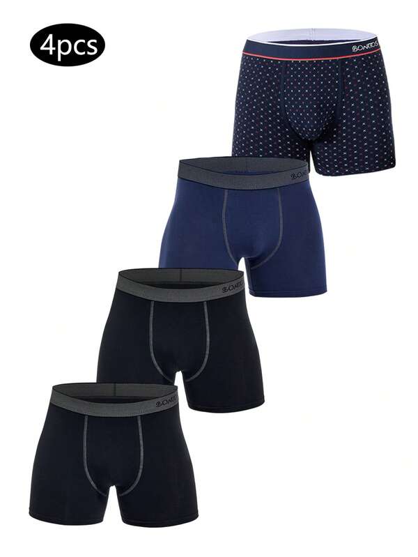 4 قطع/عبوة سروال داخلي (بوكسر) للرجال مطبوع عليه شعارات و أشكال، حزام مطاطي (طباعة حديثة وغير متماثلة)