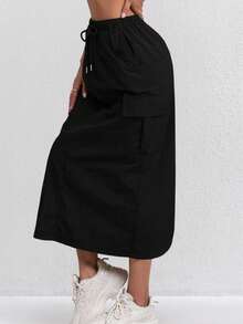 Women's Vintage American Style Utility Skirt, Lightweight Breathable Fabric, A-Line With Multiple Pockets, High-Waisted Slim Design, Fashion Slit Skirt