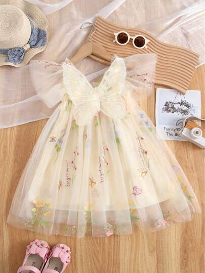 1pc Girls Cute & Elegant Princess Butterfly Decor Cap Sleeve Floral Embroidery Tulle Tutu Party Dress, Beach Holiday Sundress For Spring, Summer, Autumn