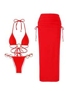 Bộ bikini 3 mảnh màu đỏ quyến rũ, sang trọng, mới về mùa Xuân/Hè, thích hợp cho bãi biển, kỳ nghỉ, tiệc tùng. - Đỏ - Xem 3